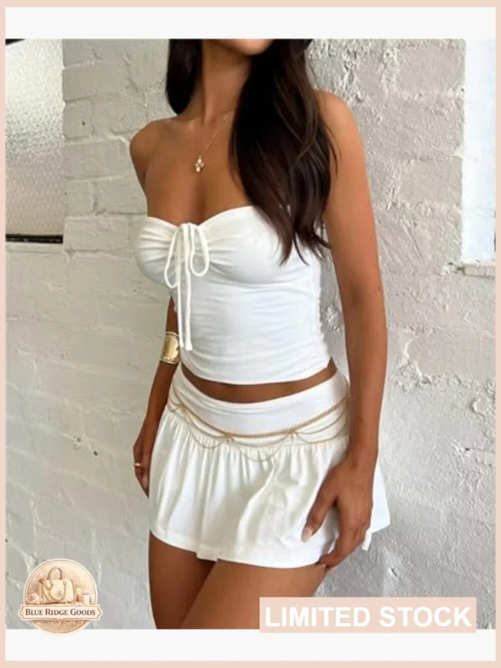 Y2K Two Piece Skirt Set Tie Ruched Tube Crop Top Low Rise Pleated Mini Skort - Picture 5 of 6